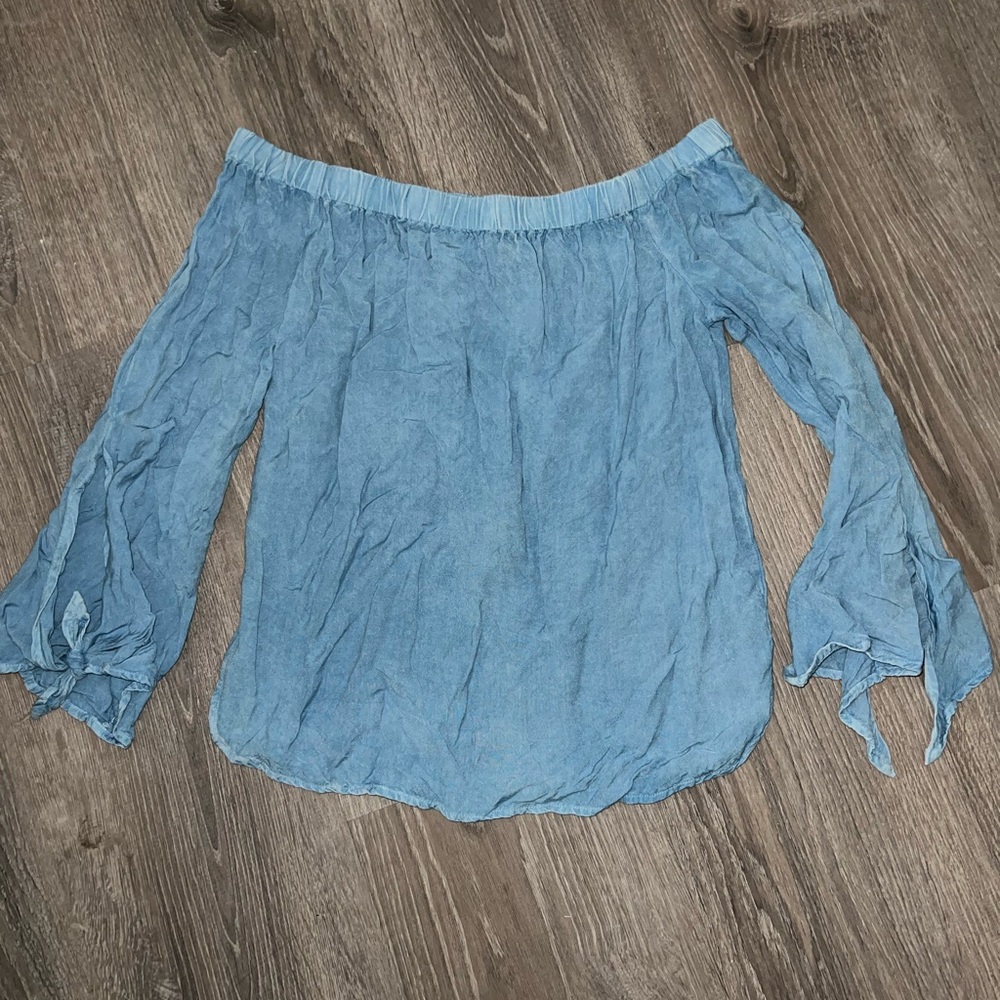 Style Envy Blue denim Off-the-Shoulder 3/4 Sleeve Blouse